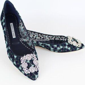 NEW MANOLO BLAHNIK Hangisi Lace Buckle Ballerina Flats